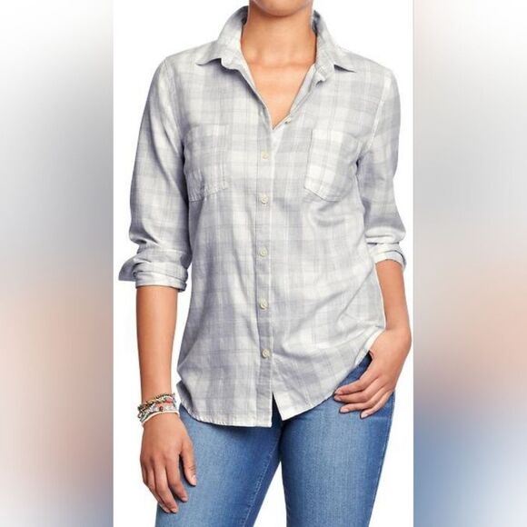 Old Navy White & Gray Gingham Button Down Top (XS) - Picture 1 of 6